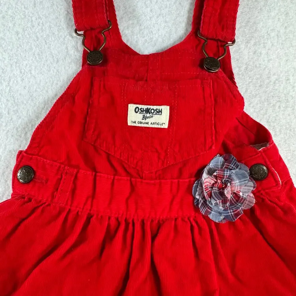 OshKosh B'Gosh 18M Corduroy Dress Red Ruffles Flower Rew White Blue
